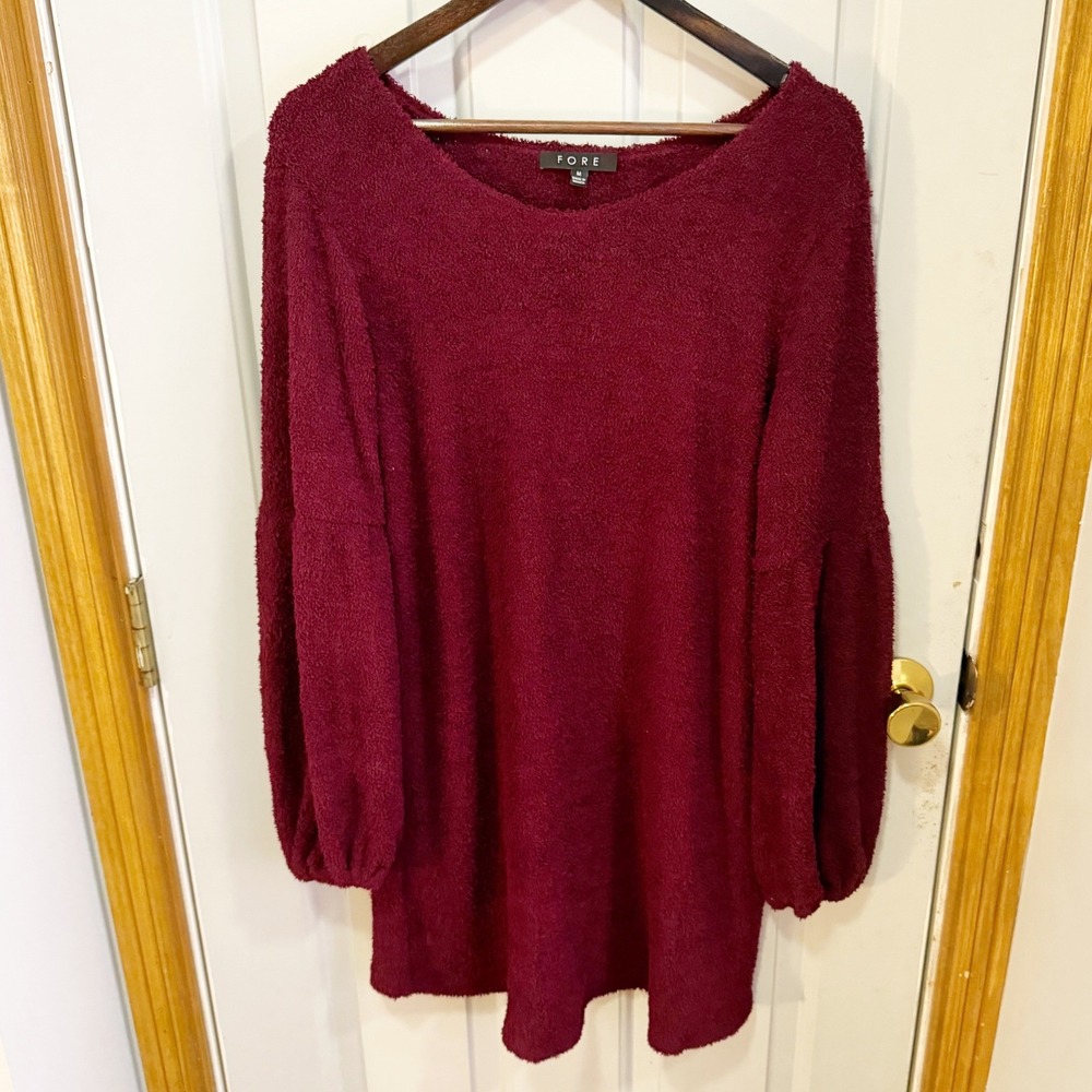 FORE Tunic Sweater Dress Women Size M Burgundy Balloon Sleeve Popcorn Knit Soft
